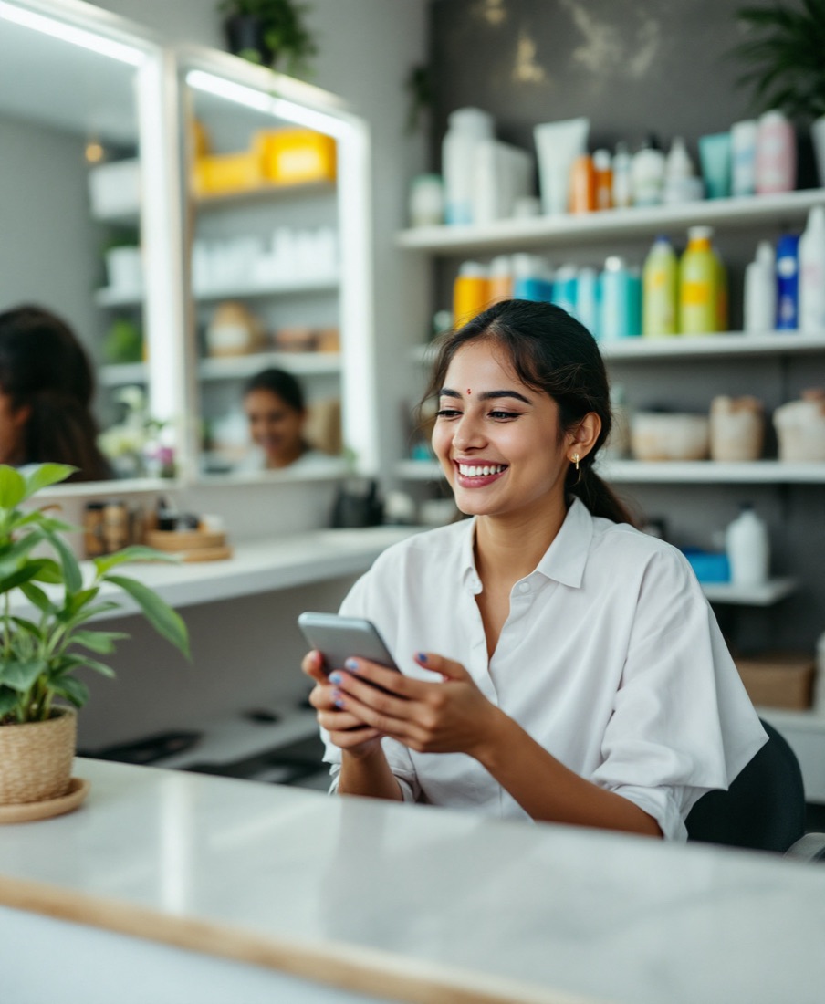 A salon owner at her reception desk, checking her phone